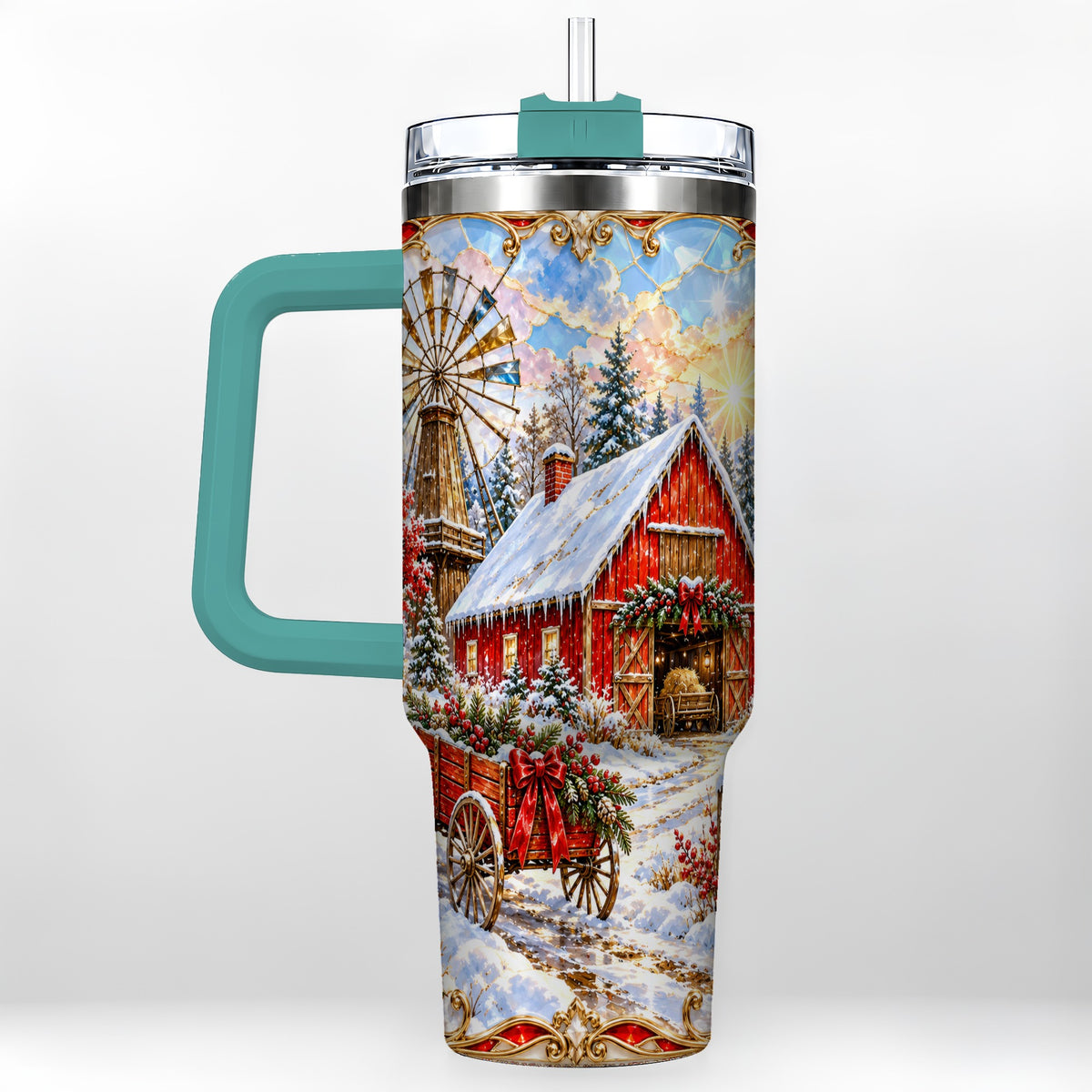 #pl[40oz|Green] Windmill Barn 40oz Tumbler with Handle, Winter Farm Travel Cup