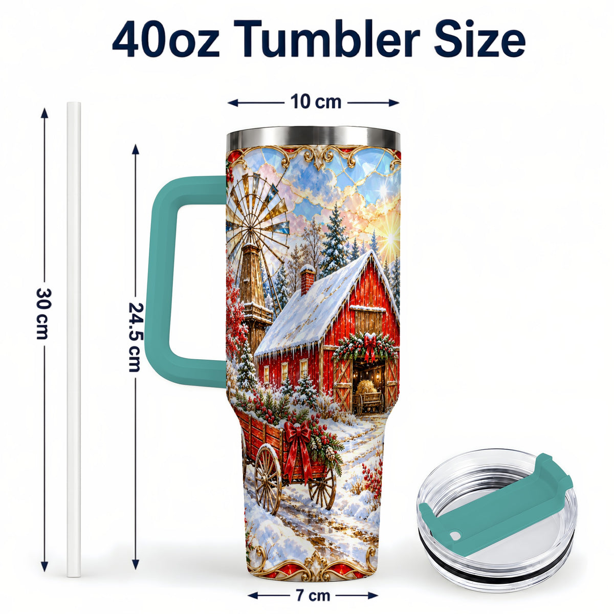 #pl[40oz|Green] Windmill Barn 40oz Tumbler with Handle, Winter Farm Travel Cup