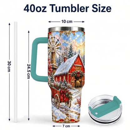 #pl[40oz|Green] Windmill Barn 40oz Tumbler with Handle, Winter Farm Travel Cup