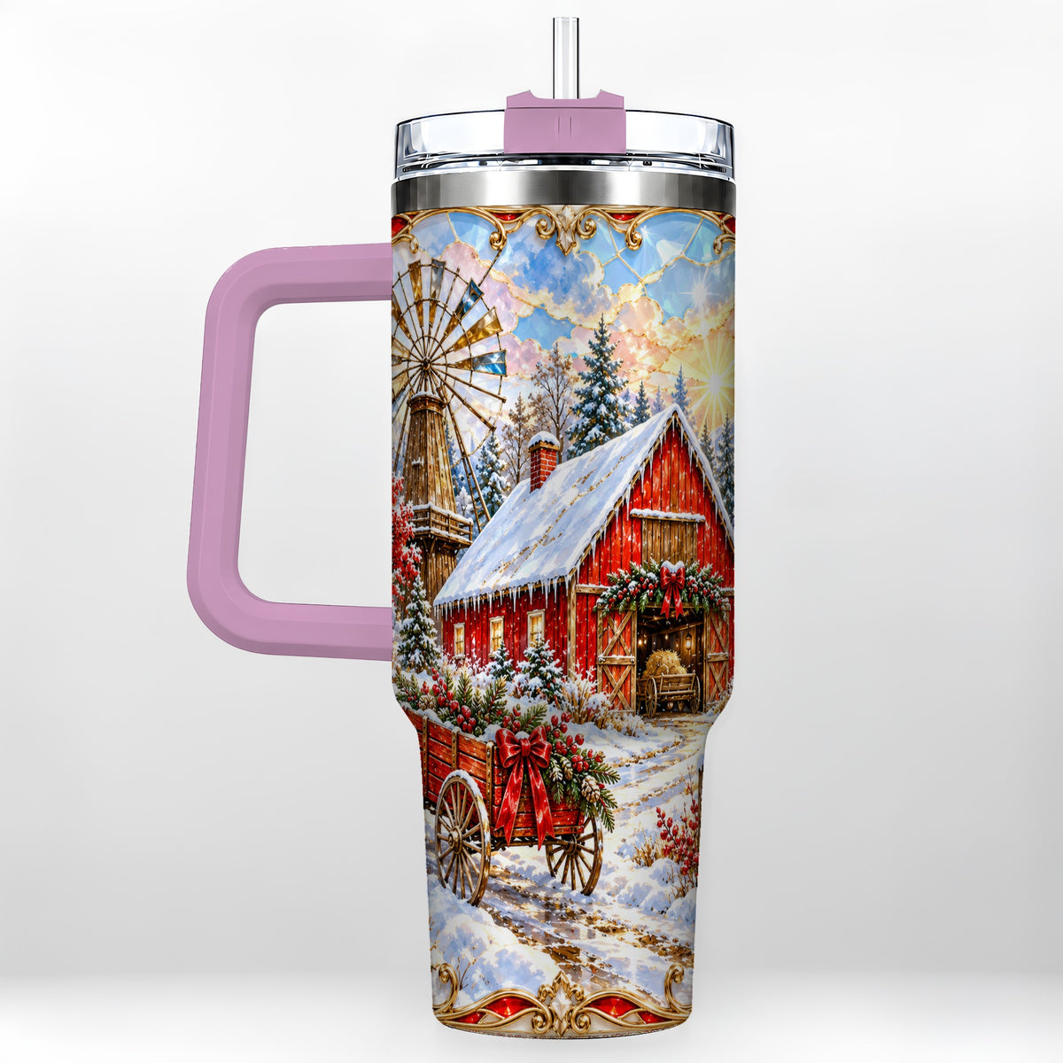 #pl[40oz|Pink] Windmill Barn 40oz Tumbler with Handle, Winter Farm Travel Cup
