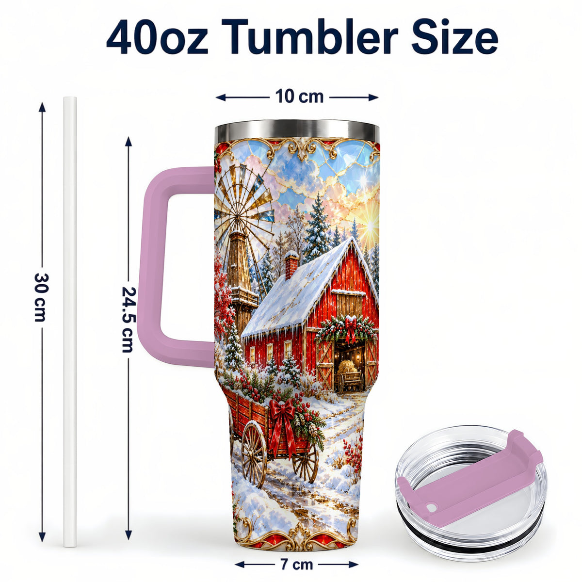 #pl[40oz|Pink] Windmill Barn 40oz Tumbler with Handle, Winter Farm Travel Cup
