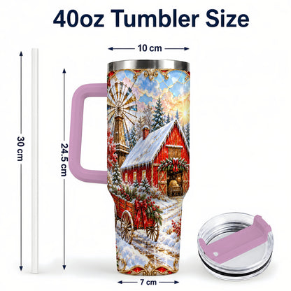 #pl[40oz|Pink] Windmill Barn 40oz Tumbler with Handle, Winter Farm Travel Cup