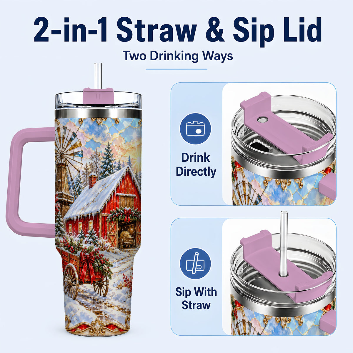 #pl[40oz|Pink] Windmill Barn 40oz Tumbler with Handle, Winter Farm Travel Cup