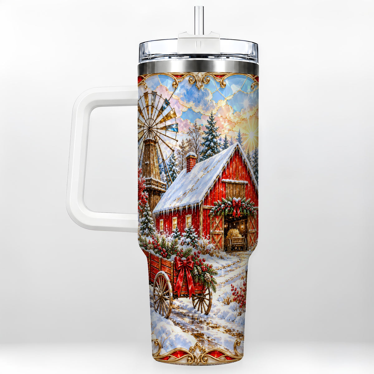Windmill Barn 40oz Tumbler with Handle, Winter Farm Travel Cup