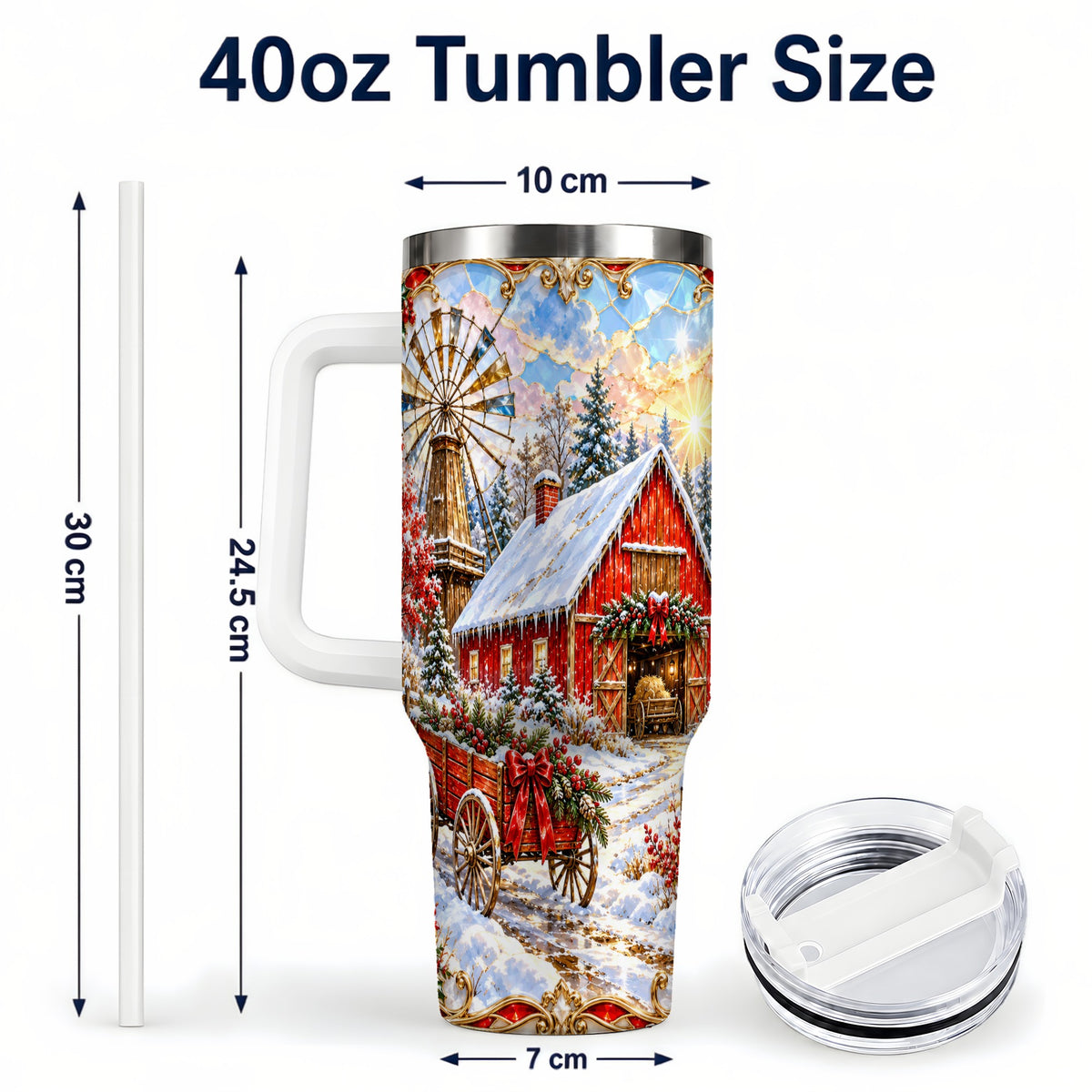 #pl[40oz|White] Windmill Barn 40oz Tumbler with Handle, Winter Farm Travel Cup