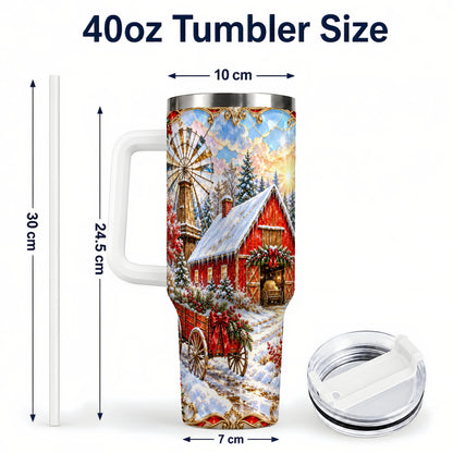 #pl[40oz|White] Windmill Barn 40oz Tumbler with Handle, Winter Farm Travel Cup