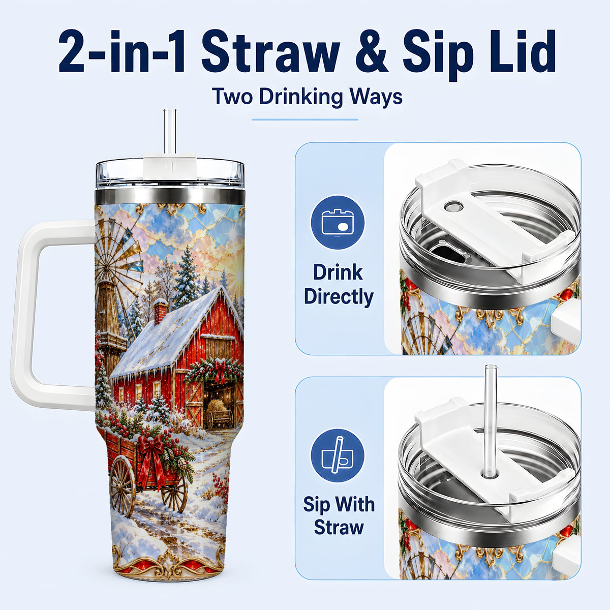 #pl[40oz|White] Windmill Barn 40oz Tumbler with Handle, Winter Farm Travel Cup