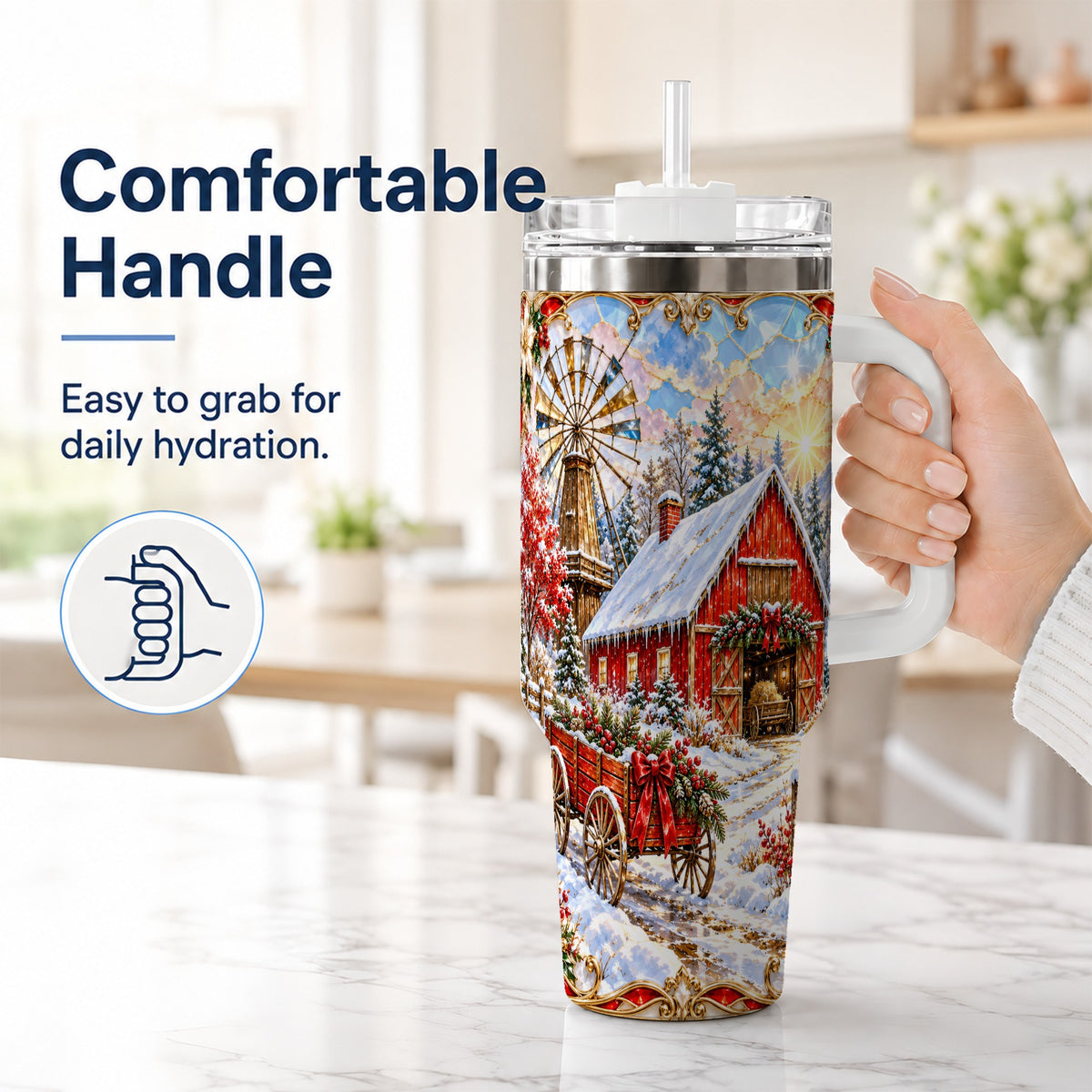 #pl[40oz|White] Windmill Barn 40oz Tumbler with Handle, Winter Farm Travel Cup
