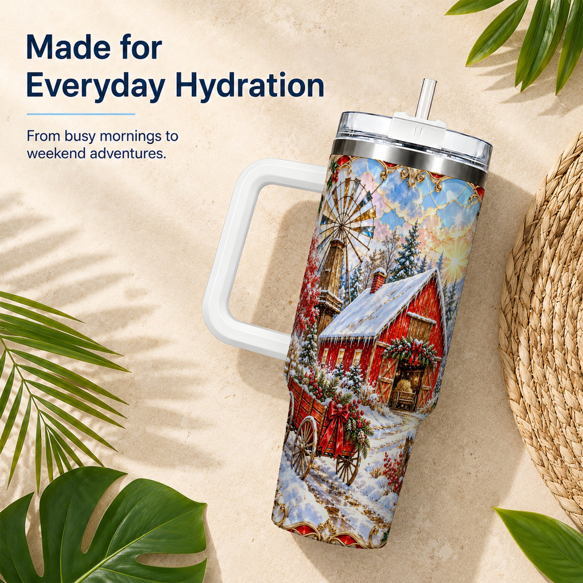 Windmill Barn 40oz Tumbler with Handle, Winter Farm Travel Cup