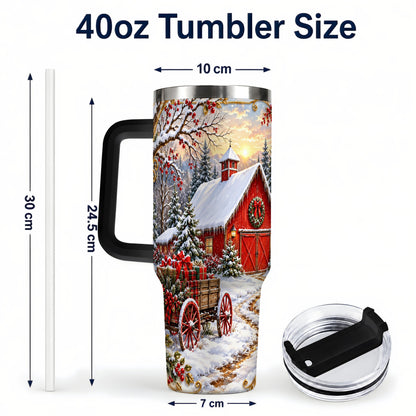 #pl[40oz|Black] Snowy Red Barn 40oz Tumbler with Handle, Christmas Farm Travel Cup