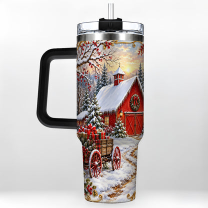 #pl[40oz|Black] Snowy Red Barn 40oz Tumbler with Handle, Christmas Farm Travel Cup