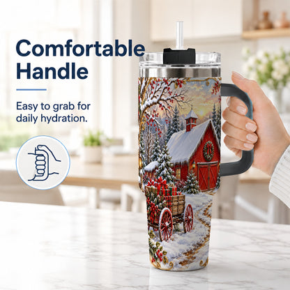 #pl[40oz|Black] Snowy Red Barn 40oz Tumbler with Handle, Christmas Farm Travel Cup
