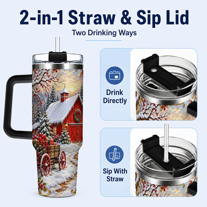 #pl[40oz|Black] Snowy Red Barn 40oz Tumbler with Handle, Christmas Farm Travel Cup