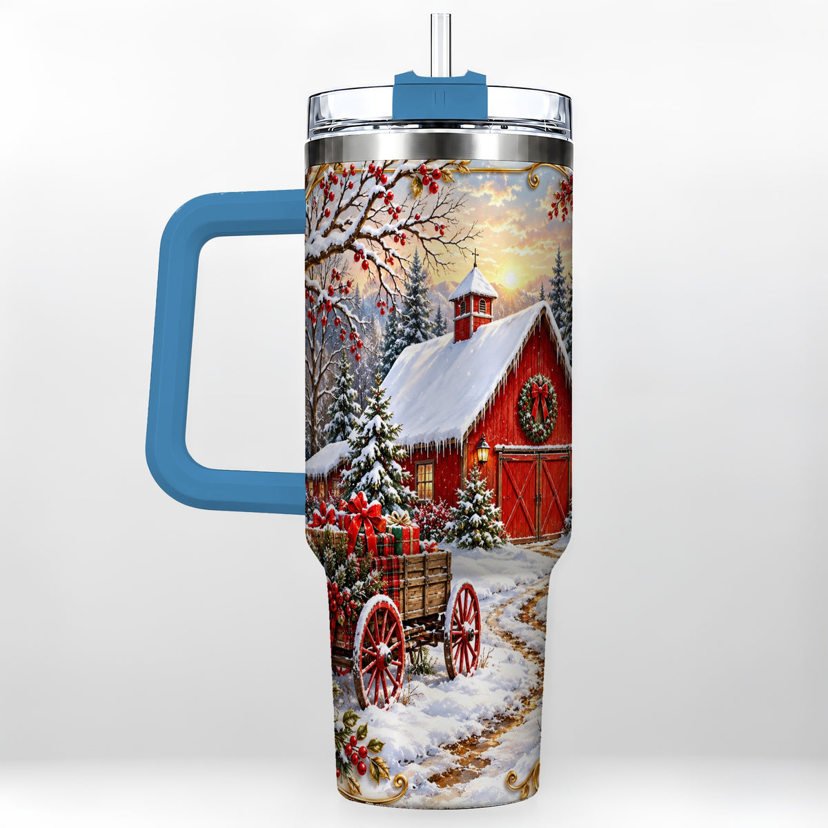 #pl[40oz|Blue] Snowy Red Barn 40oz Tumbler with Handle, Christmas Farm Travel Cup