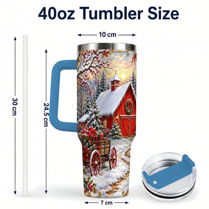 #pl[40oz|Blue] Snowy Red Barn 40oz Tumbler with Handle, Christmas Farm Travel Cup