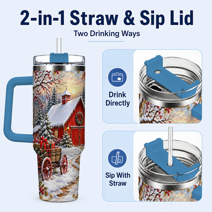 #pl[40oz|Blue] Snowy Red Barn 40oz Tumbler with Handle, Christmas Farm Travel Cup