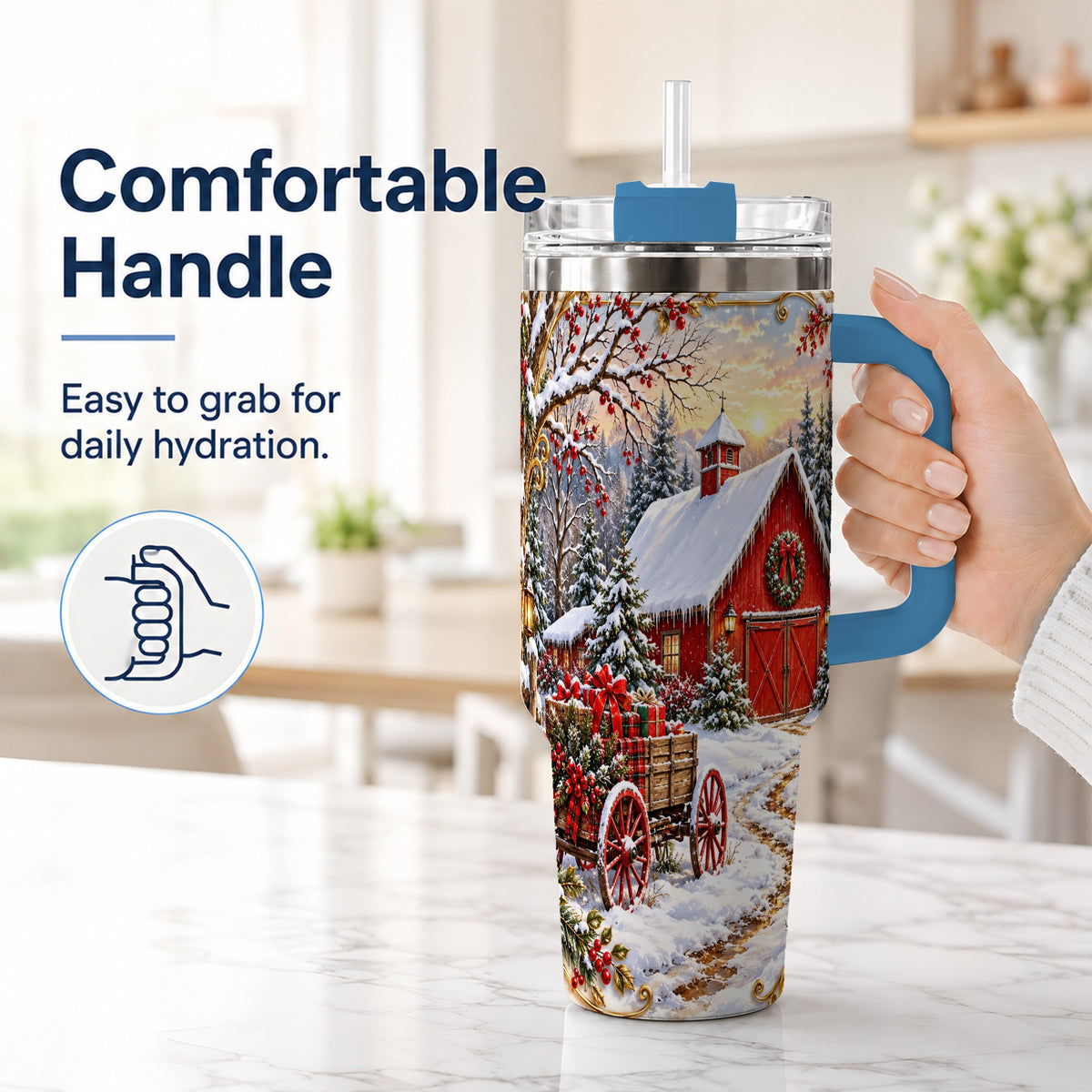 #pl[40oz|Blue] Snowy Red Barn 40oz Tumbler with Handle, Christmas Farm Travel Cup