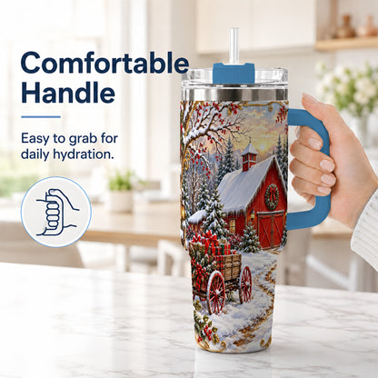 #pl[40oz|Blue] Snowy Red Barn 40oz Tumbler with Handle, Christmas Farm Travel Cup