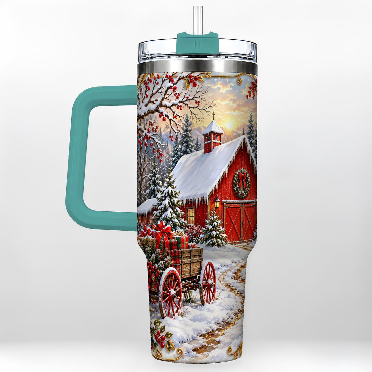 #pl[40oz|Green] Snowy Red Barn 40oz Tumbler with Handle, Christmas Farm Travel Cup