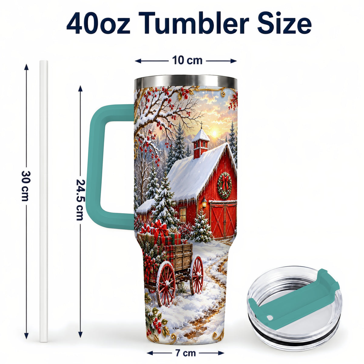 #pl[40oz|Green] Snowy Red Barn 40oz Tumbler with Handle, Christmas Farm Travel Cup
