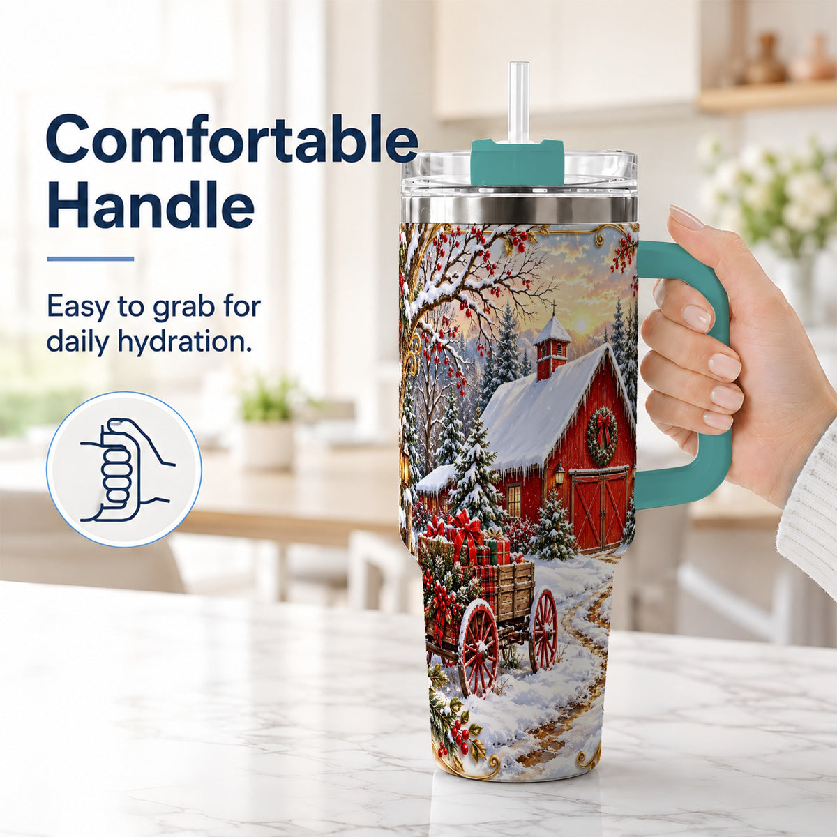 #pl[40oz|Green] Snowy Red Barn 40oz Tumbler with Handle, Christmas Farm Travel Cup