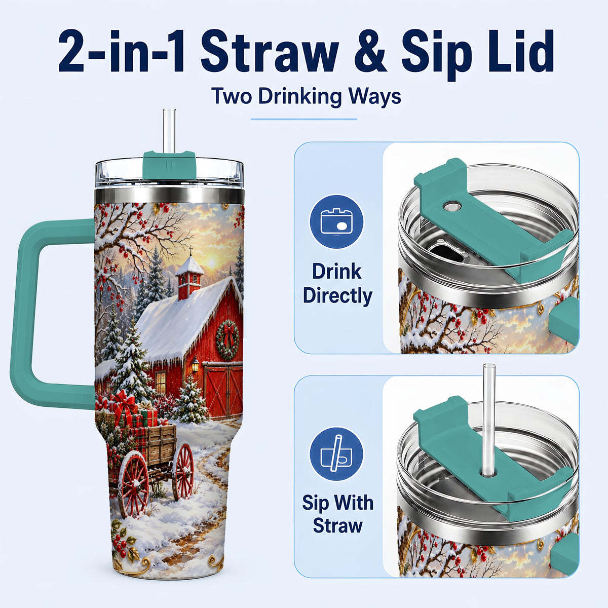 #pl[40oz|Green] Snowy Red Barn 40oz Tumbler with Handle, Christmas Farm Travel Cup
