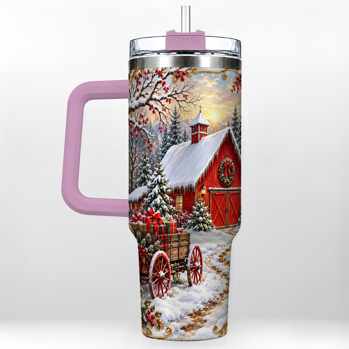 #pl[40oz|Pink] Snowy Red Barn 40oz Tumbler with Handle, Christmas Farm Travel Cup