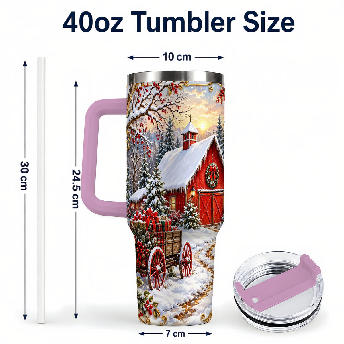 #pl[40oz|Pink] Snowy Red Barn 40oz Tumbler with Handle, Christmas Farm Travel Cup