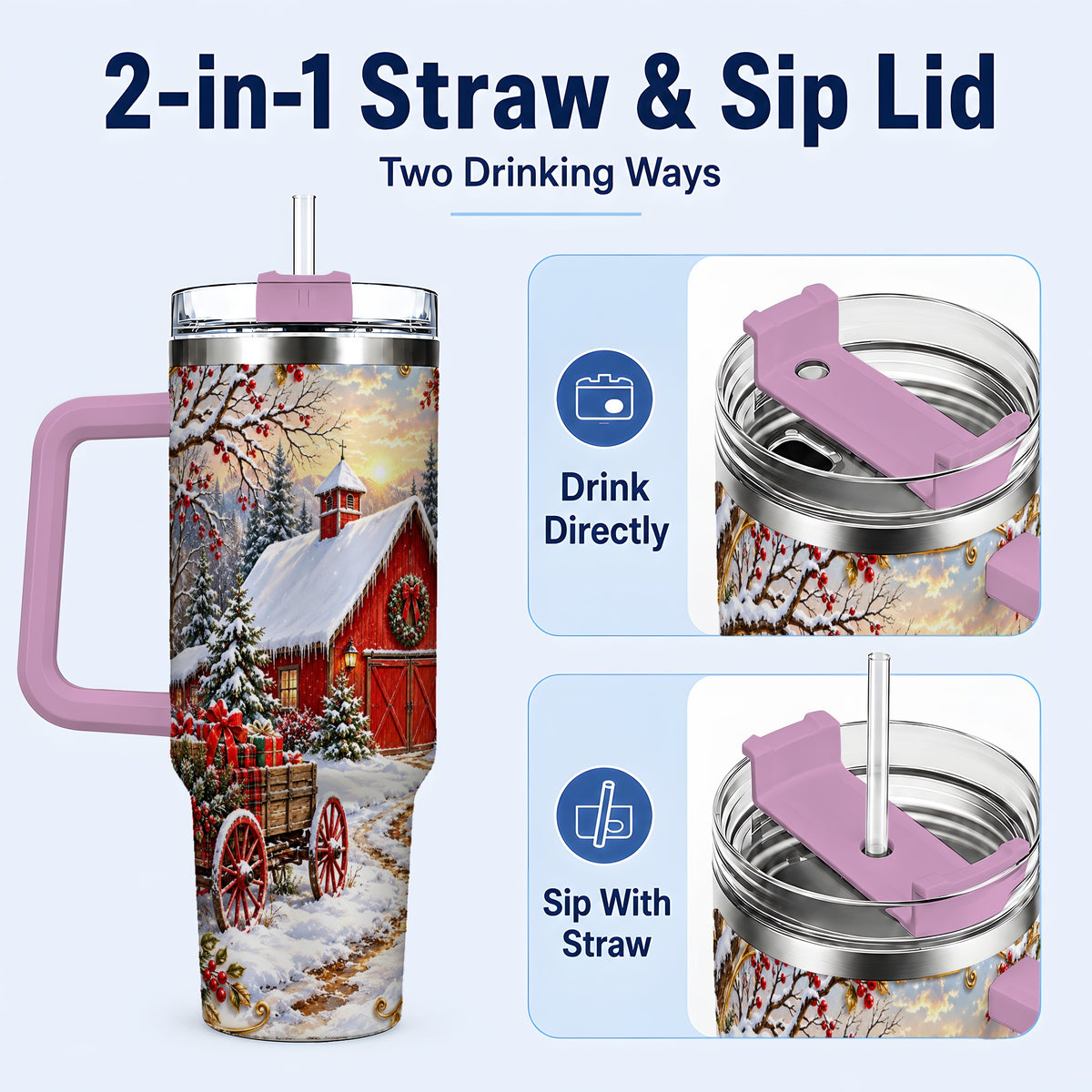#pl[40oz|Pink] Snowy Red Barn 40oz Tumbler with Handle, Christmas Farm Travel Cup