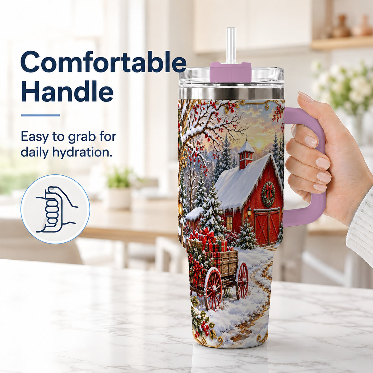 #pl[40oz|Pink] Snowy Red Barn 40oz Tumbler with Handle, Christmas Farm Travel Cup