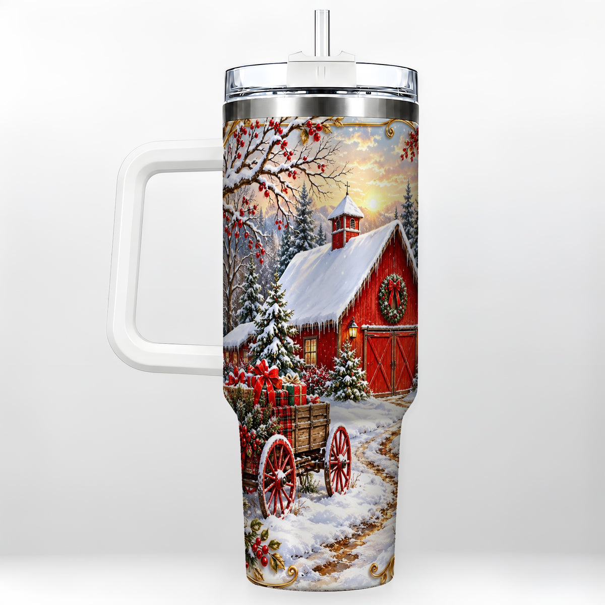 Snowy Red Barn 40oz Tumbler with Handle, Christmas Farm Travel Cup