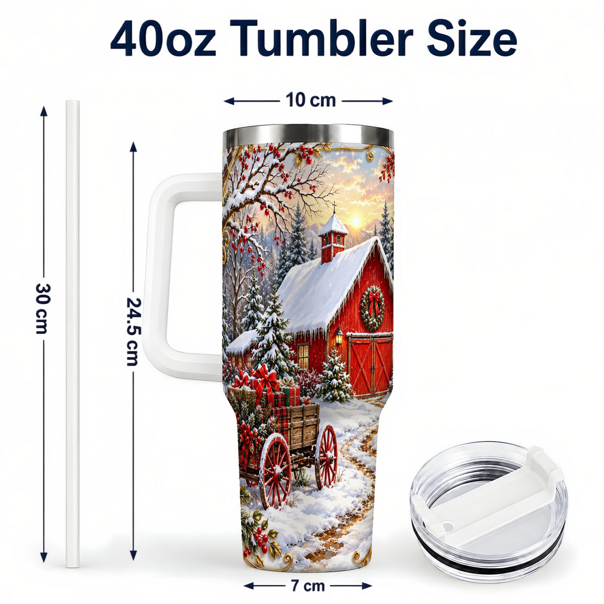 #pl[40oz|White] Snowy Red Barn 40oz Tumbler with Handle, Christmas Farm Travel Cup