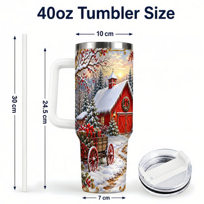 #pl[40oz|White] Snowy Red Barn 40oz Tumbler with Handle, Christmas Farm Travel Cup
