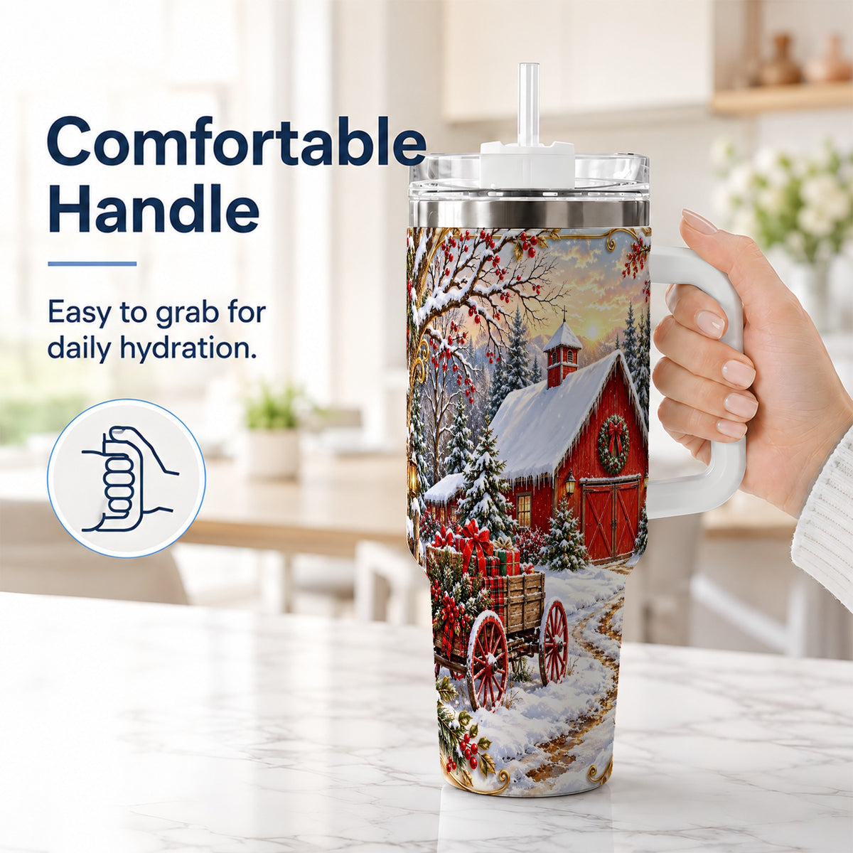 #pl[40oz|White] Snowy Red Barn 40oz Tumbler with Handle, Christmas Farm Travel Cup