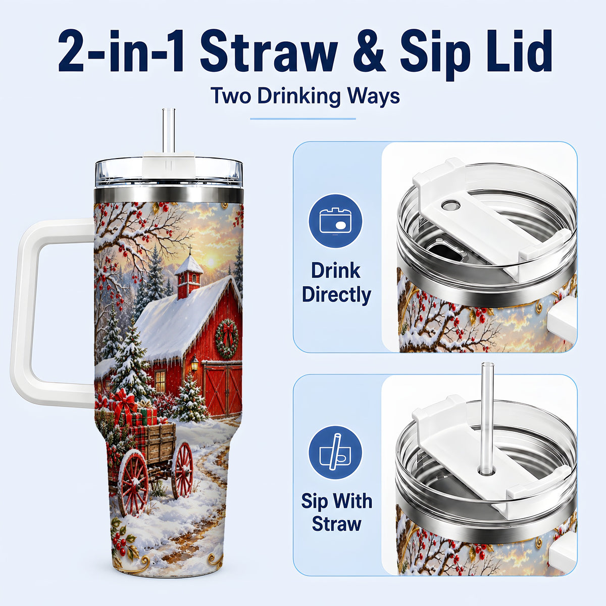#pl[40oz|White] Snowy Red Barn 40oz Tumbler with Handle, Christmas Farm Travel Cup
