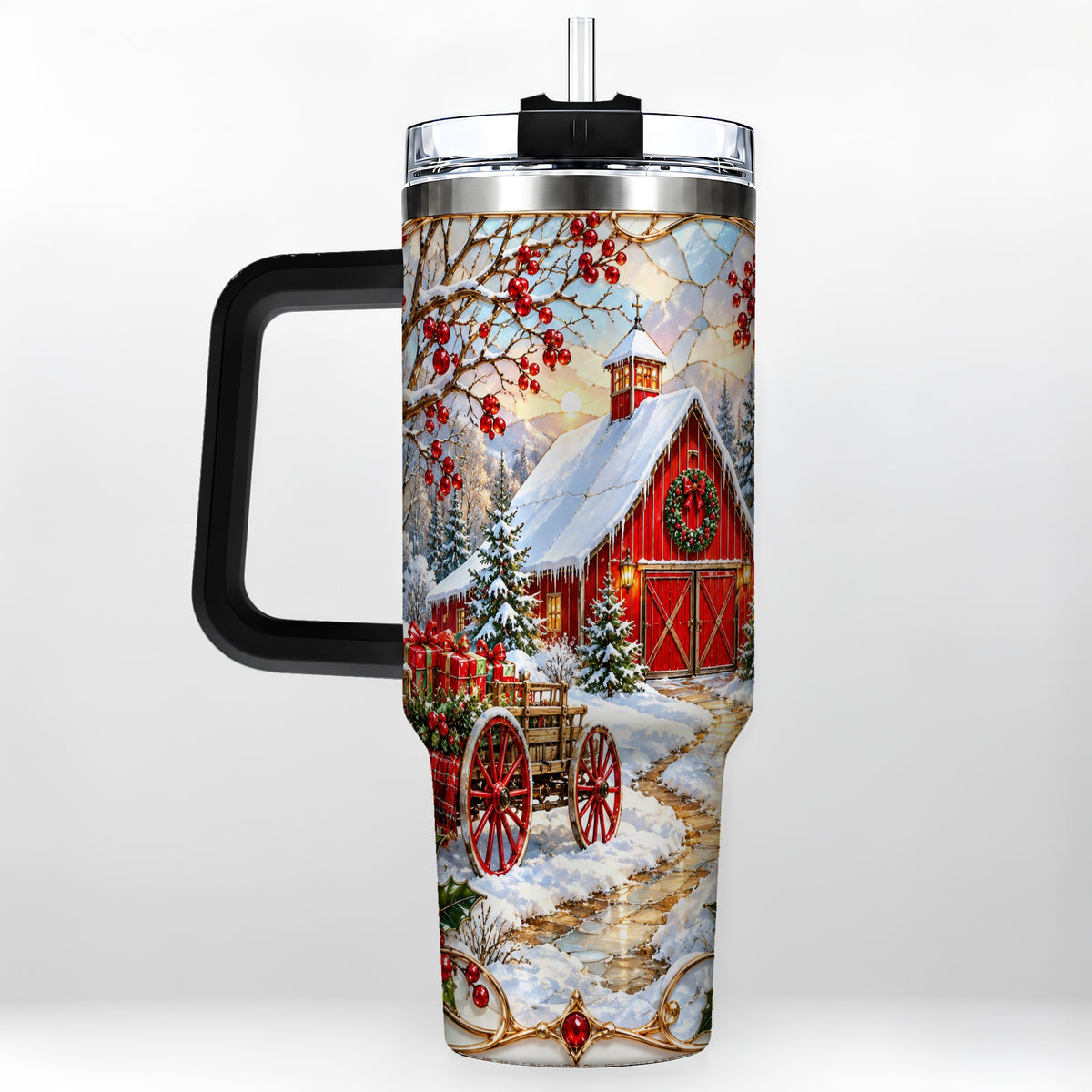#pl[40oz|Black] Christmas Red Barn 40oz Tumbler with Handle, Winter Farm Travel Cup