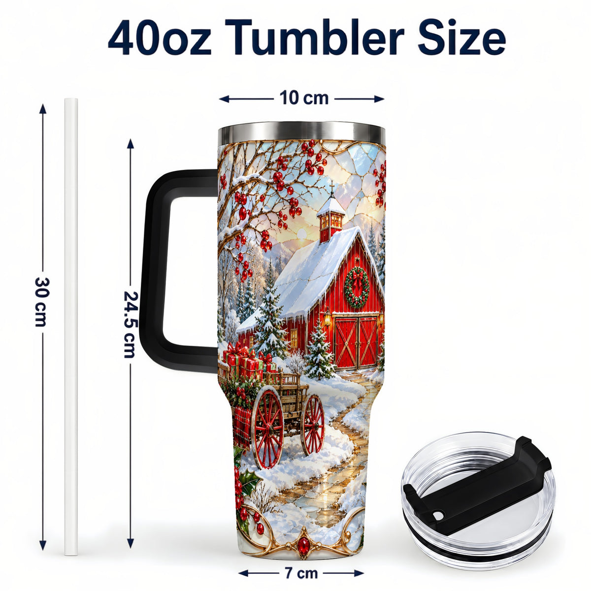 #pl[40oz|Black] Christmas Red Barn 40oz Tumbler with Handle, Winter Farm Travel Cup