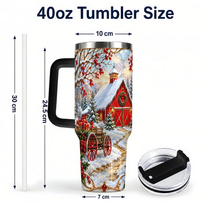 #pl[40oz|Black] Christmas Red Barn 40oz Tumbler with Handle, Winter Farm Travel Cup