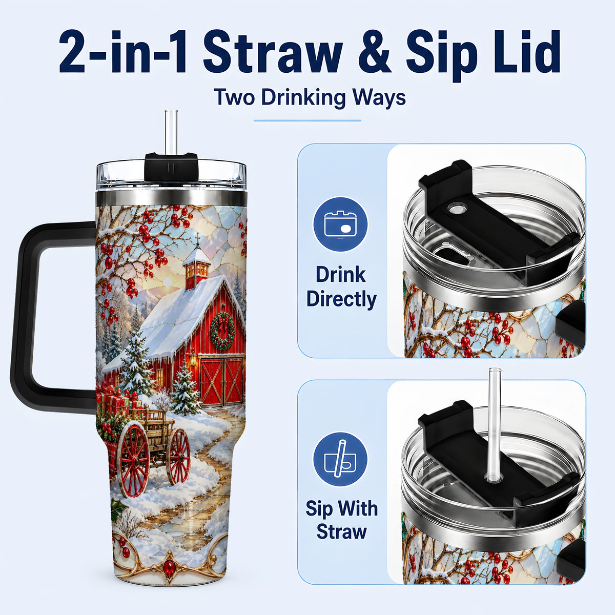#pl[40oz|Black] Christmas Red Barn 40oz Tumbler with Handle, Winter Farm Travel Cup