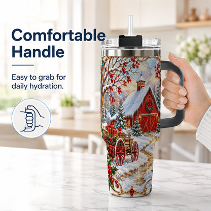 #pl[40oz|Black] Christmas Red Barn 40oz Tumbler with Handle, Winter Farm Travel Cup