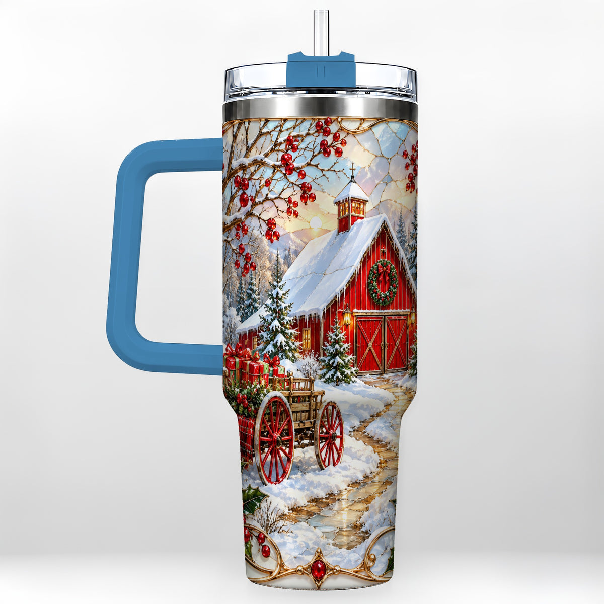 #pl[40oz|Blue] Christmas Red Barn 40oz Tumbler with Handle, Winter Farm Travel Cup