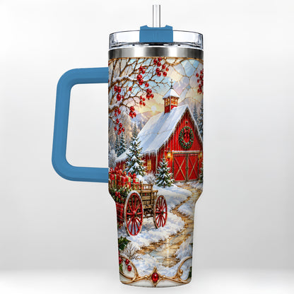 #pl[40oz|Blue] Christmas Red Barn 40oz Tumbler with Handle, Winter Farm Travel Cup