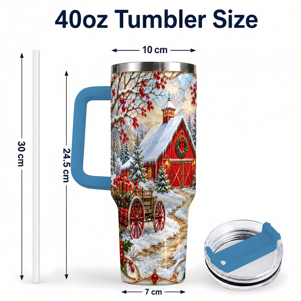 #pl[40oz|Blue] Christmas Red Barn 40oz Tumbler with Handle, Winter Farm Travel Cup