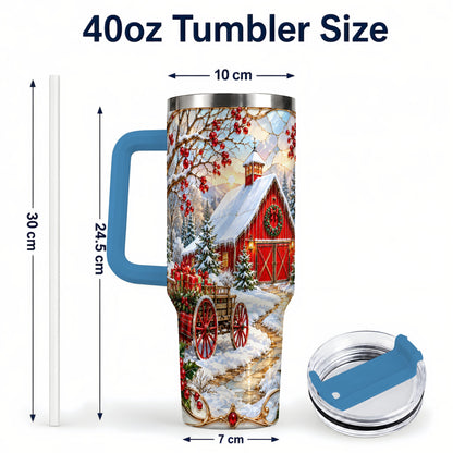 #pl[40oz|Blue] Christmas Red Barn 40oz Tumbler with Handle, Winter Farm Travel Cup