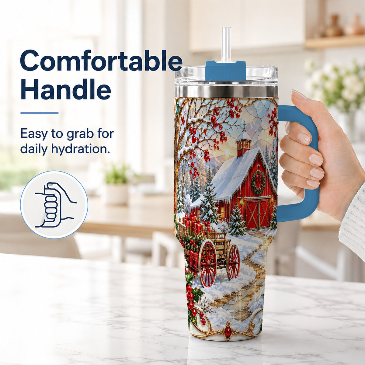 #pl[40oz|Blue] Christmas Red Barn 40oz Tumbler with Handle, Winter Farm Travel Cup