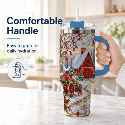 #pl[40oz|Blue] Christmas Red Barn 40oz Tumbler with Handle, Winter Farm Travel Cup