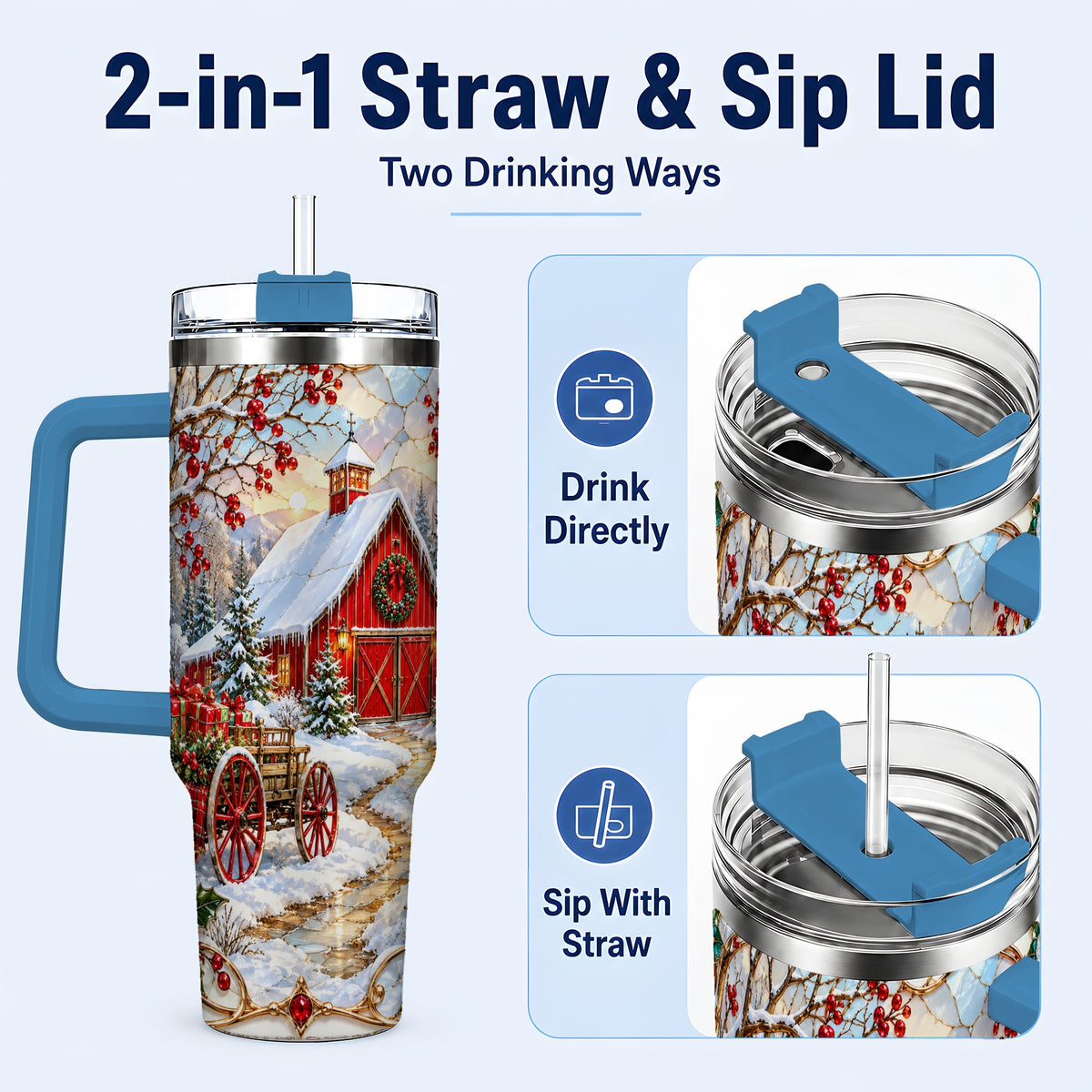 #pl[40oz|Blue] Christmas Red Barn 40oz Tumbler with Handle, Winter Farm Travel Cup