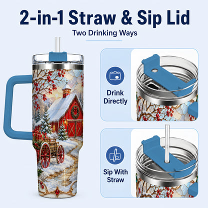 #pl[40oz|Blue] Christmas Red Barn 40oz Tumbler with Handle, Winter Farm Travel Cup