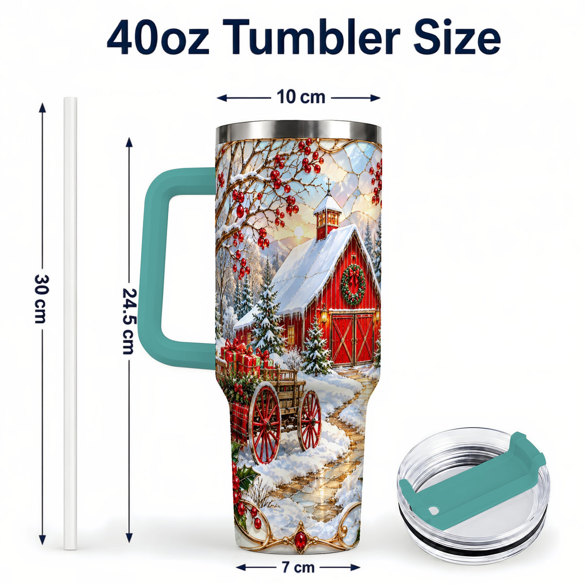 #pl[40oz|Green] Christmas Red Barn 40oz Tumbler with Handle, Winter Farm Travel Cup