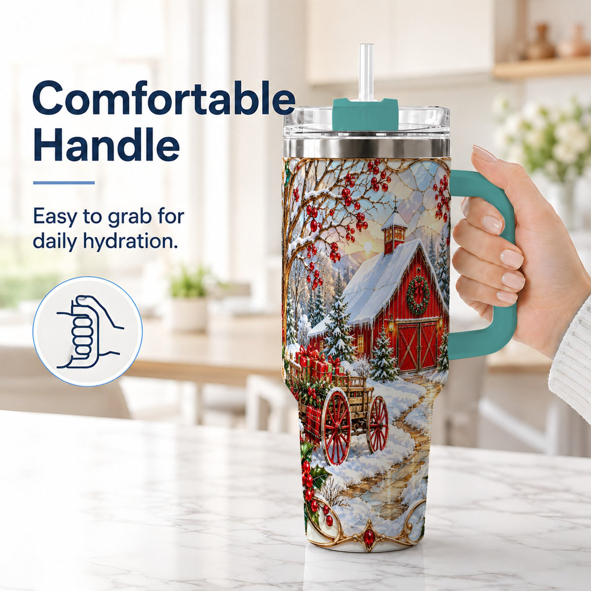 #pl[40oz|Green] Christmas Red Barn 40oz Tumbler with Handle, Winter Farm Travel Cup